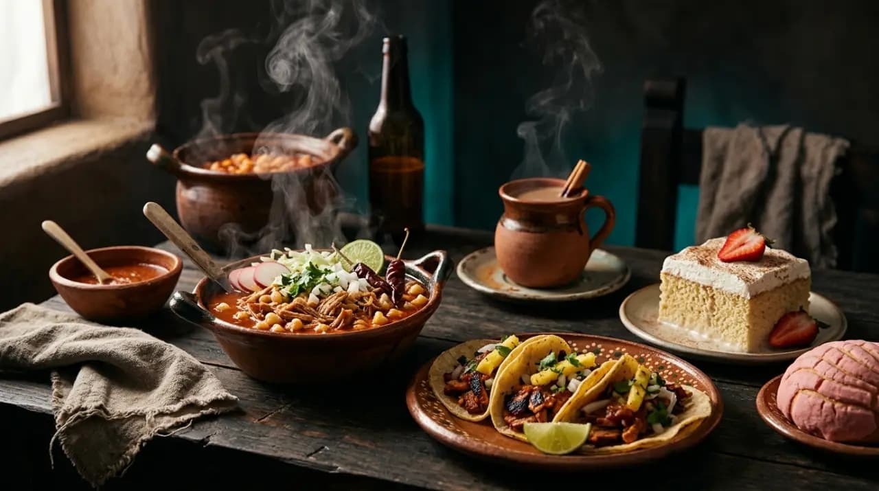 Mesa con chilaquiles, conchas y café de olla que evocan los sabores de México en Madrid