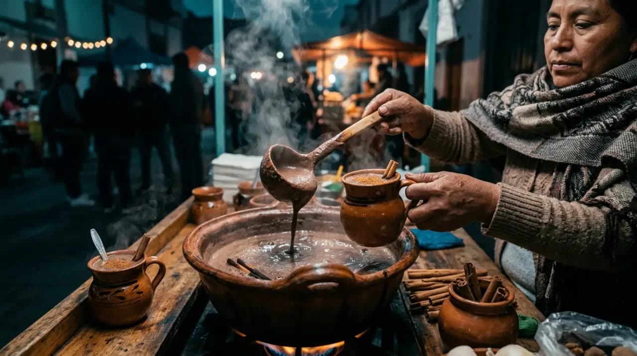 Vaso de barro con champurrado humeante junto a un tamal envuelto en hoja de maíz