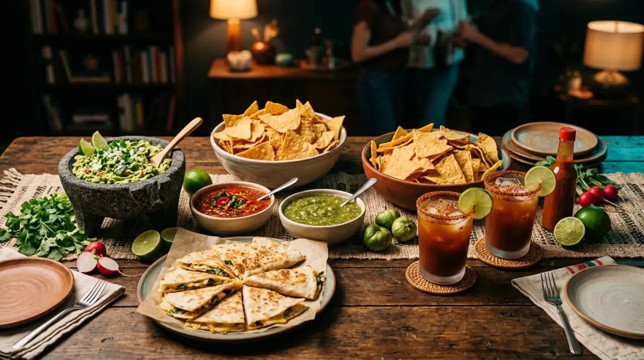 Mesa de botana mexicana con totopos, guacamole, dos salsas y quesadillas para una fiesta en casa