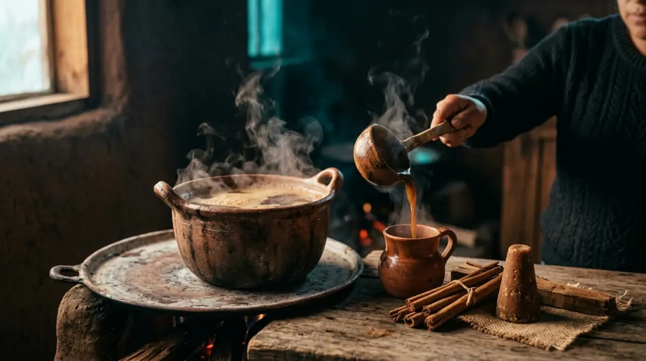 Café de olla mexicano servido en jarrito de barro con rama de canela y piloncillo