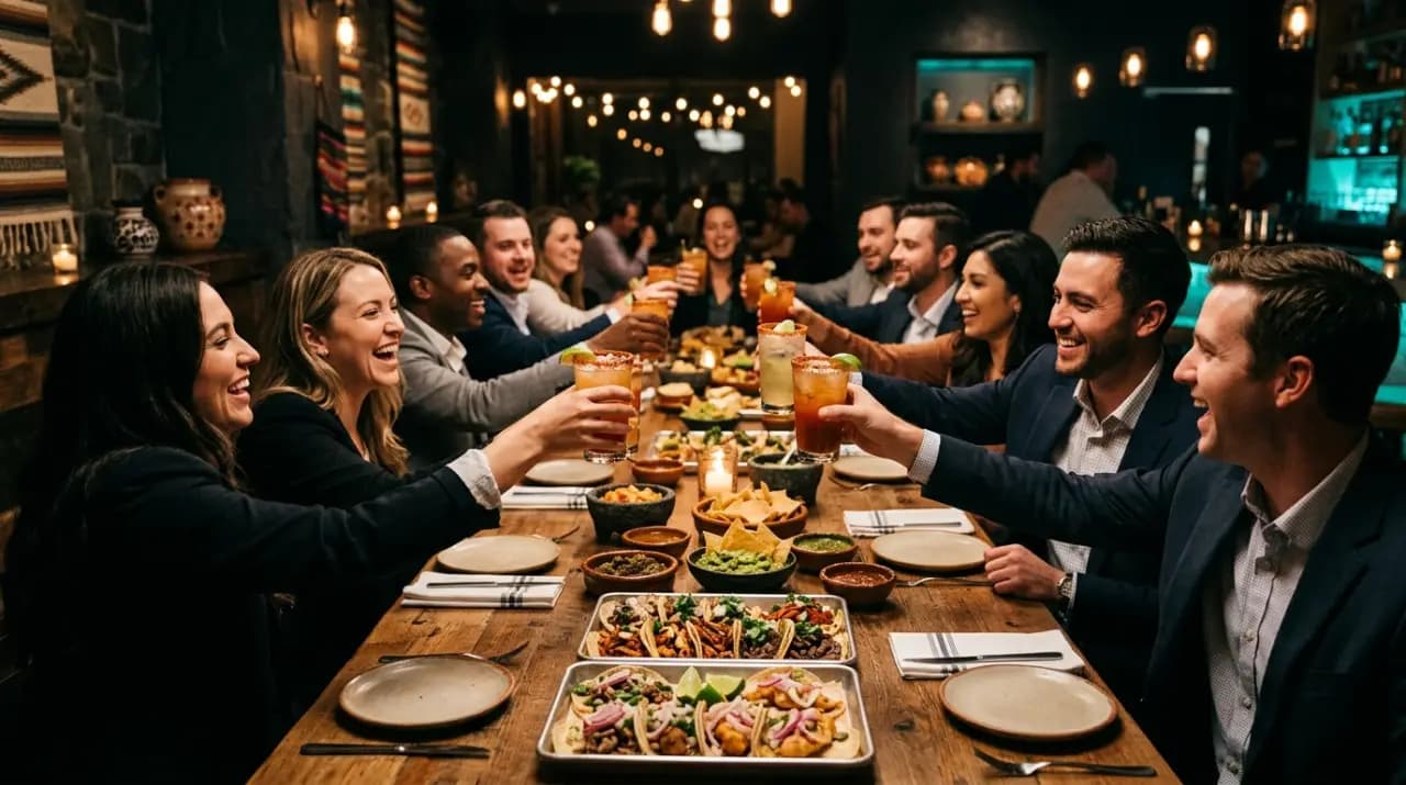 Mesa larga de grupo compartiendo tacos, quesadillas y micheladas en un restaurante mexicano del centro de Madrid