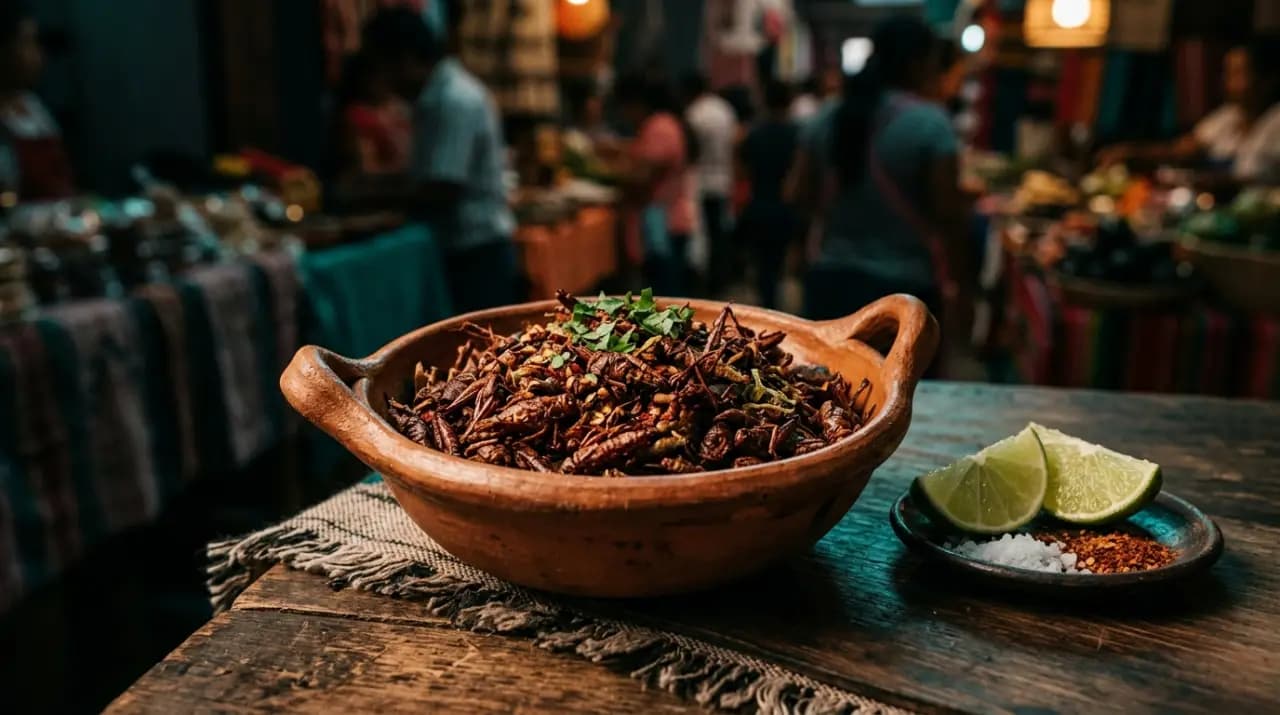 Chapulines tostados con limón y sal en cazuela de barro, insecto comestible tradicional de Oaxaca