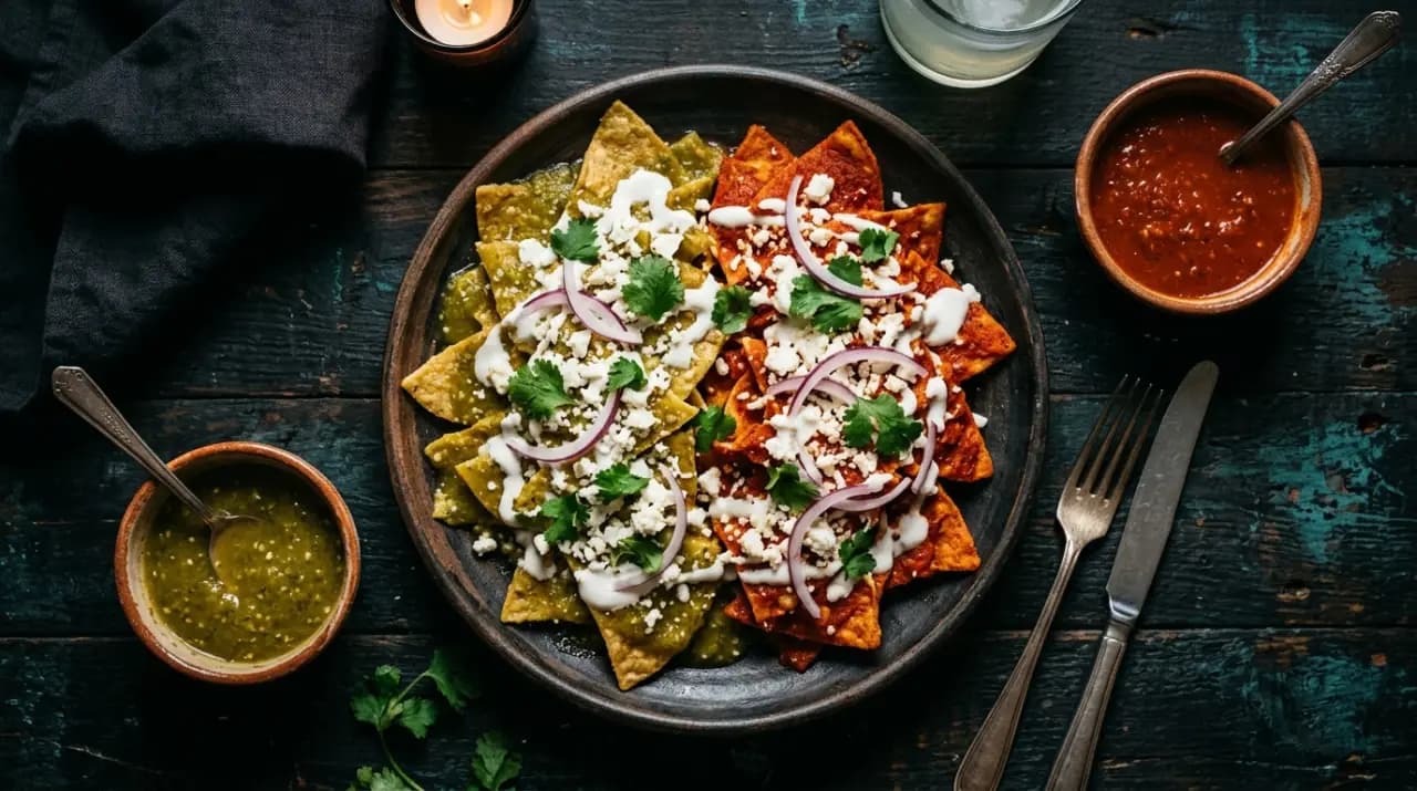 Plato de chilaquiles divorciados con mitad de salsa verde y mitad de salsa roja separadas por crema