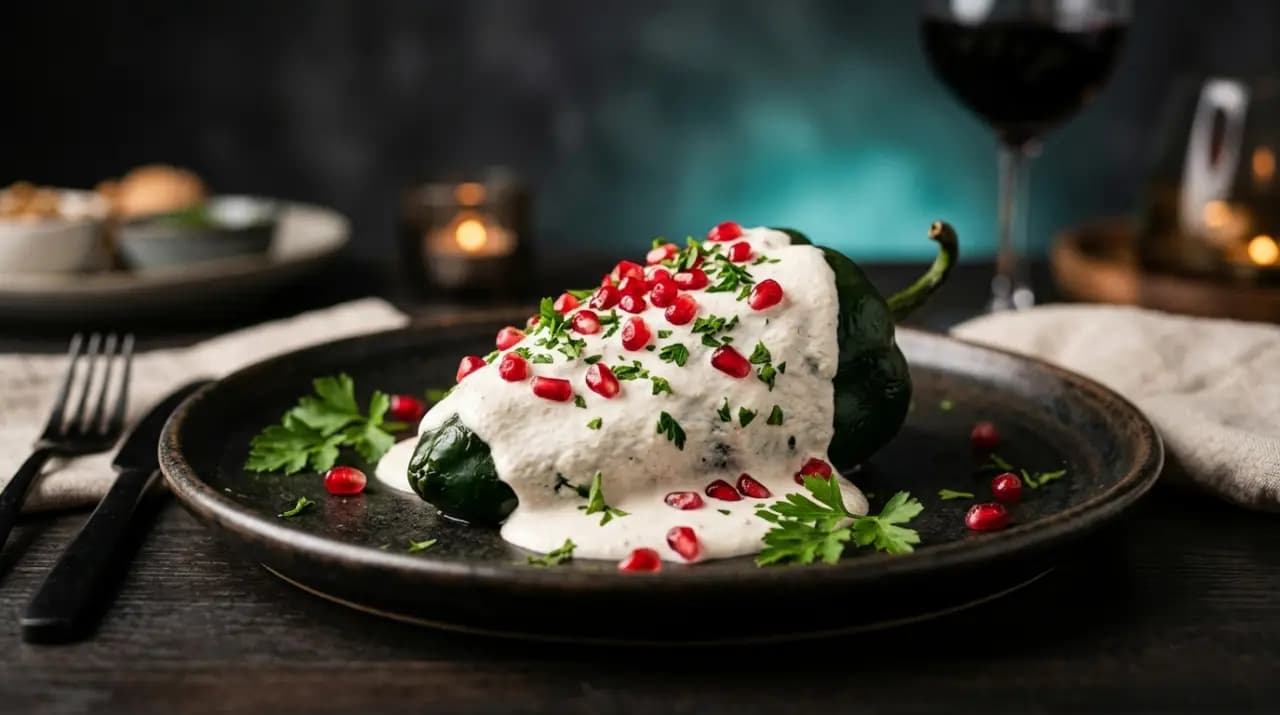 Chile en nogada bañado en salsa blanca de nuez con granos de granada y perejil sobre plato blanco