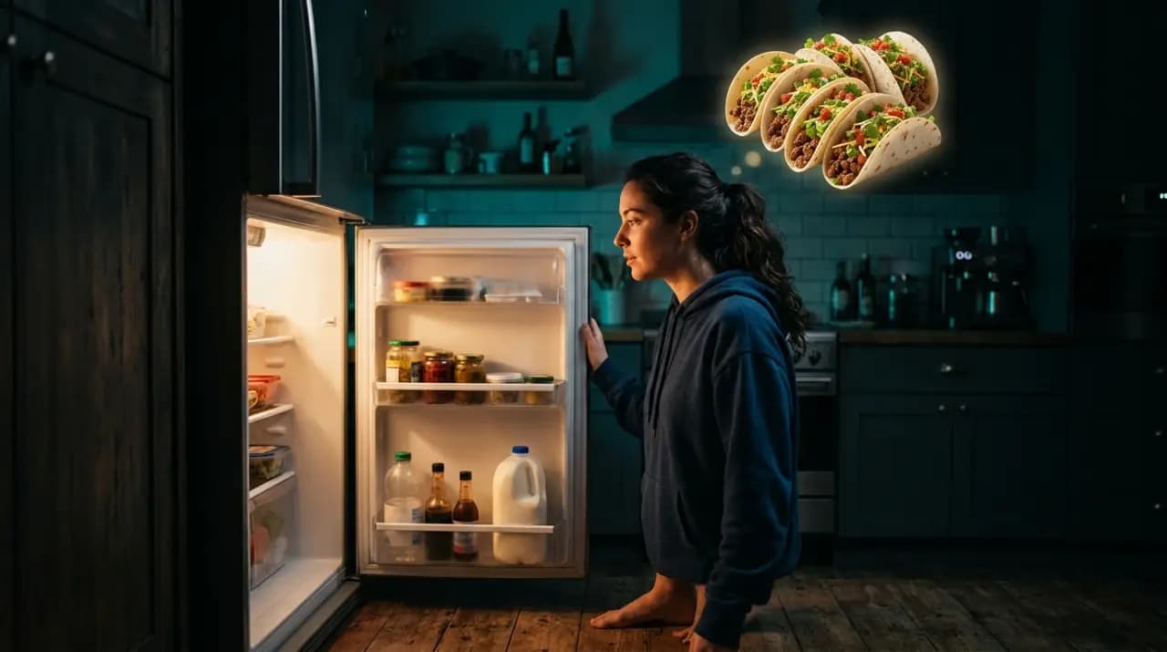 Persona mirando de noche la luz de un puesto de tacos con antojo evidente