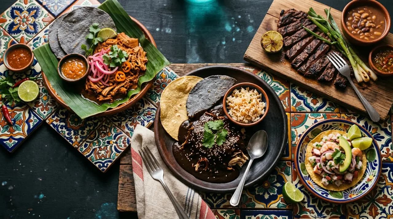 Mesa con platillos de varias regiones de México: mole oscuro, cochinita pibil anaranjada, tortillas de harina y esquites