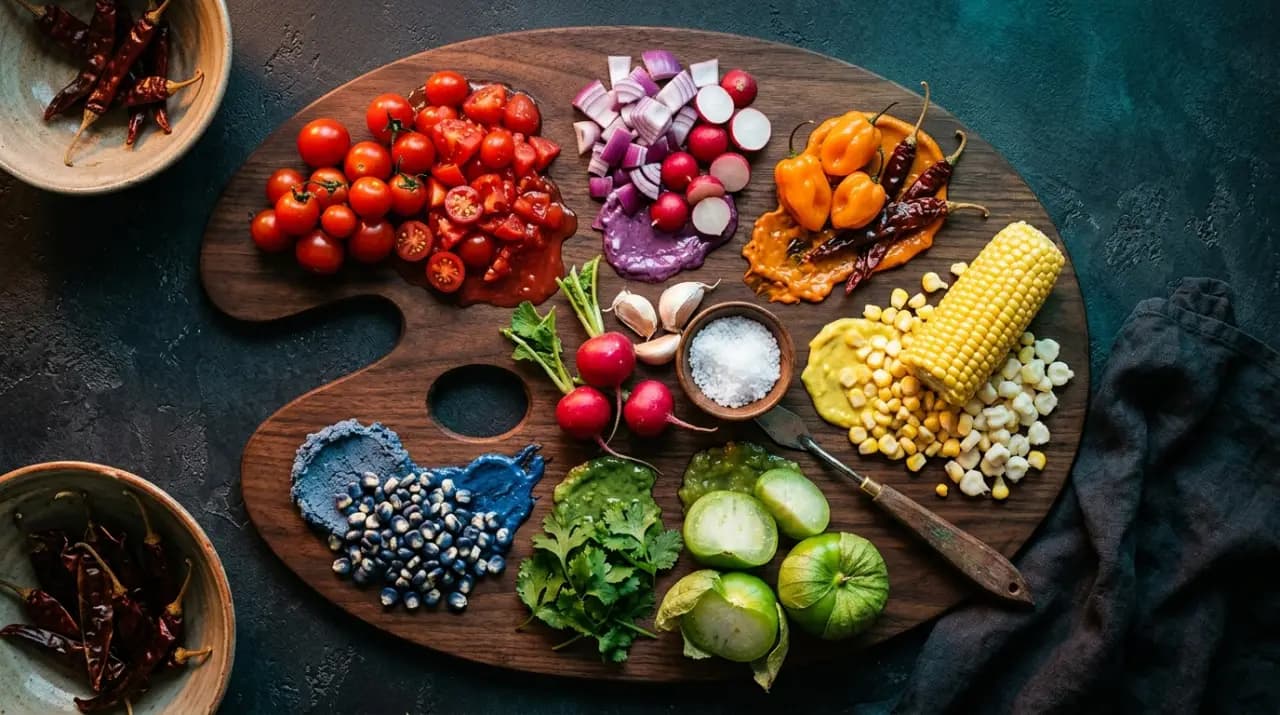 Platos mexicanos vistos desde arriba: salsa verde, salsa roja, guacamole, granos de maíz azul y flores de cempasúchil naranjas