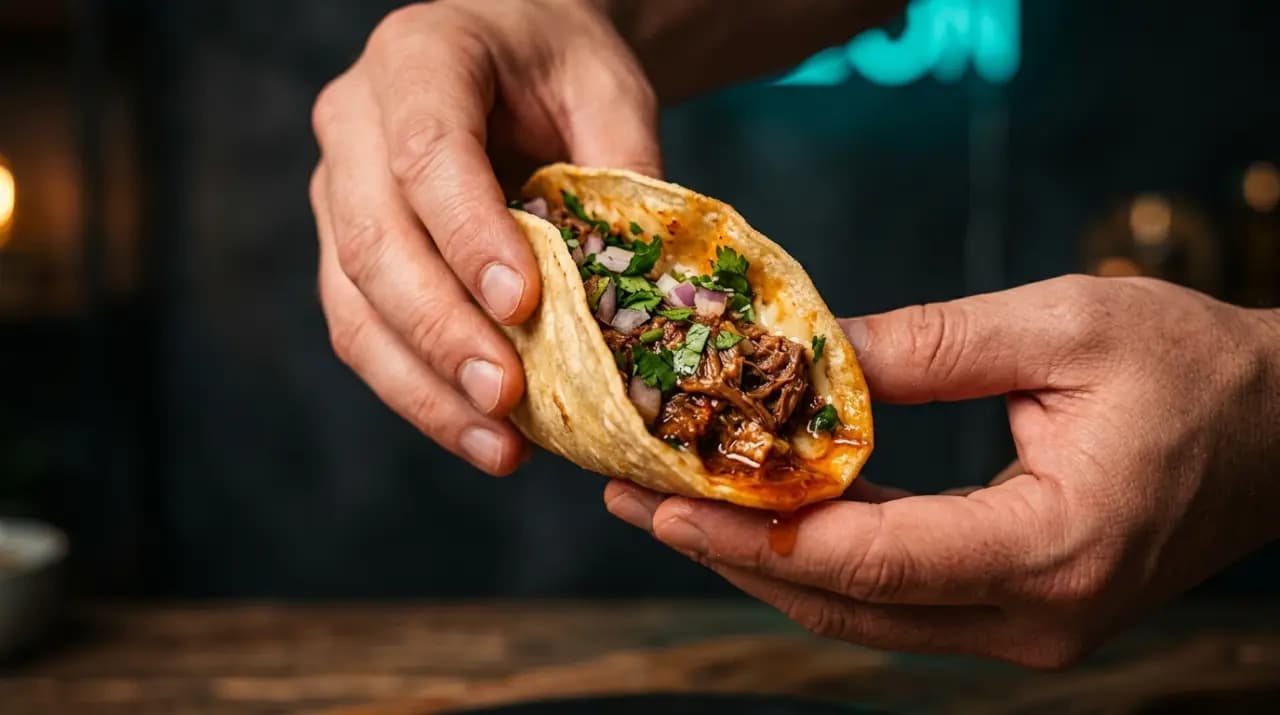 Manos sosteniendo un taco al pastor doblado con los tres dedos, listo para el primer bocado
