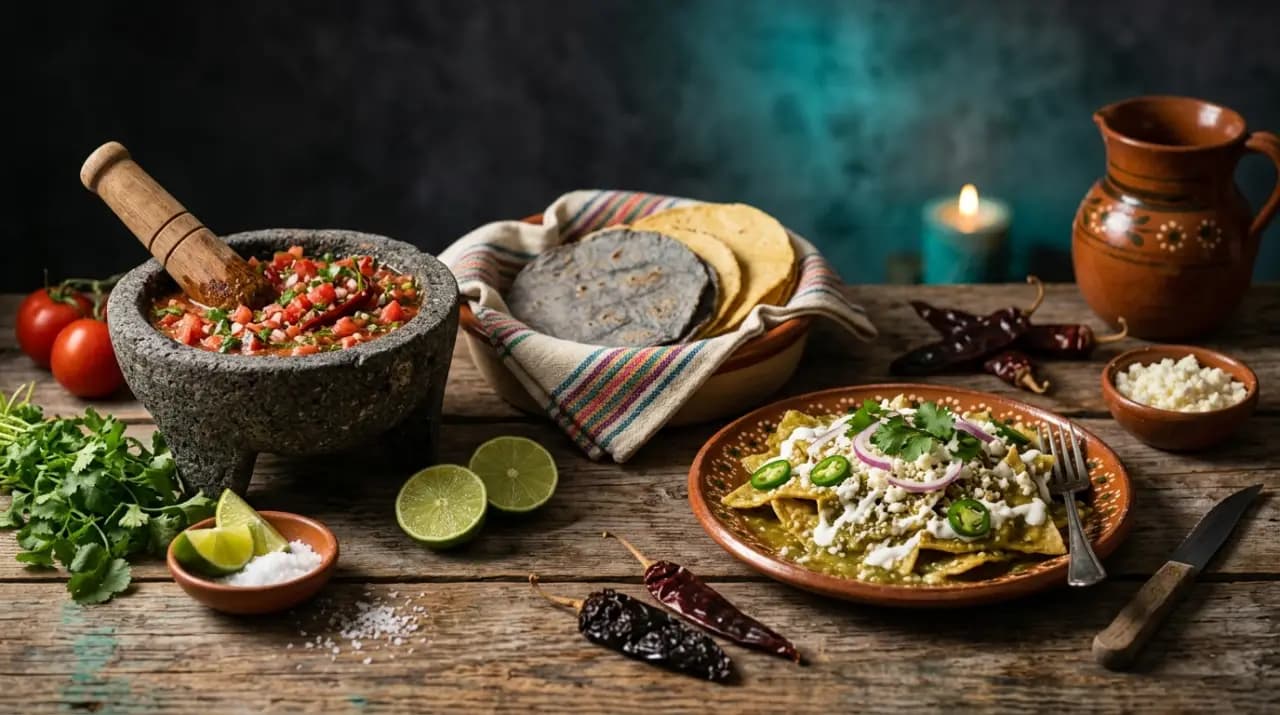 Mesa mexicana con tortillas de maíz recién hechas, salsas de molcajete verde y roja, y platillos tradicionales