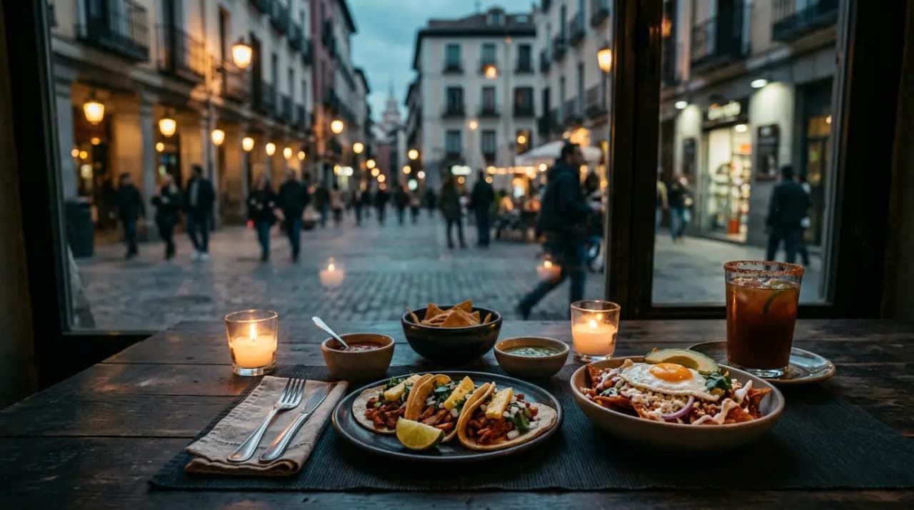 Mesa con chilaquiles, tacos y antojitos mexicanos en un restaurante del centro de Madrid