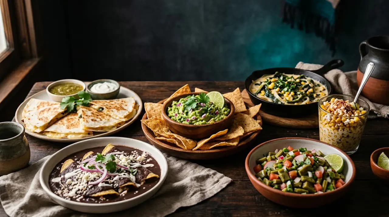 Enfrijoladas y quesadillas vegetarianas con guacamole, frijoles y salsas mexicanas sobre mesa de madera