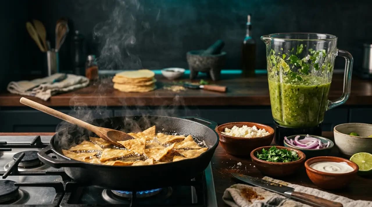 Sartén con chilaquiles verdes recién bañados en salsa, coronados con crema, queso y cebolla morada