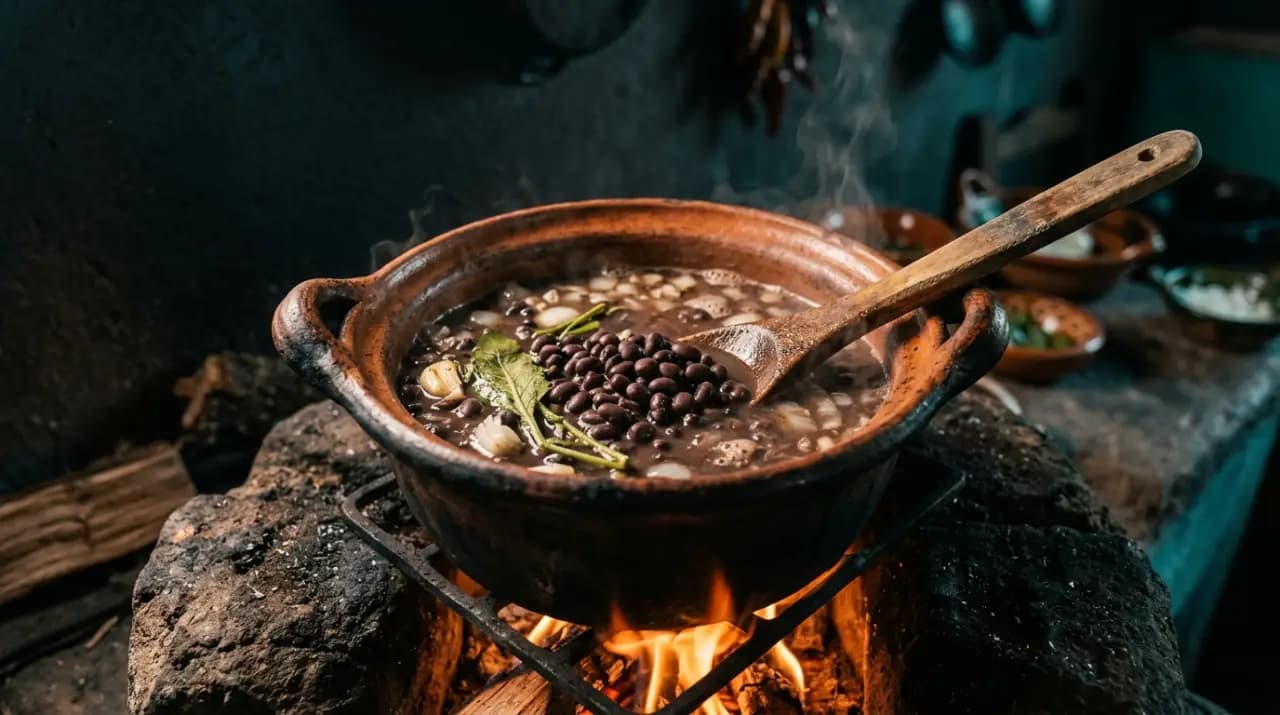 Olla de frijoles negros de olla con cebolla y epazote, servidos con caldo en plato hondo
