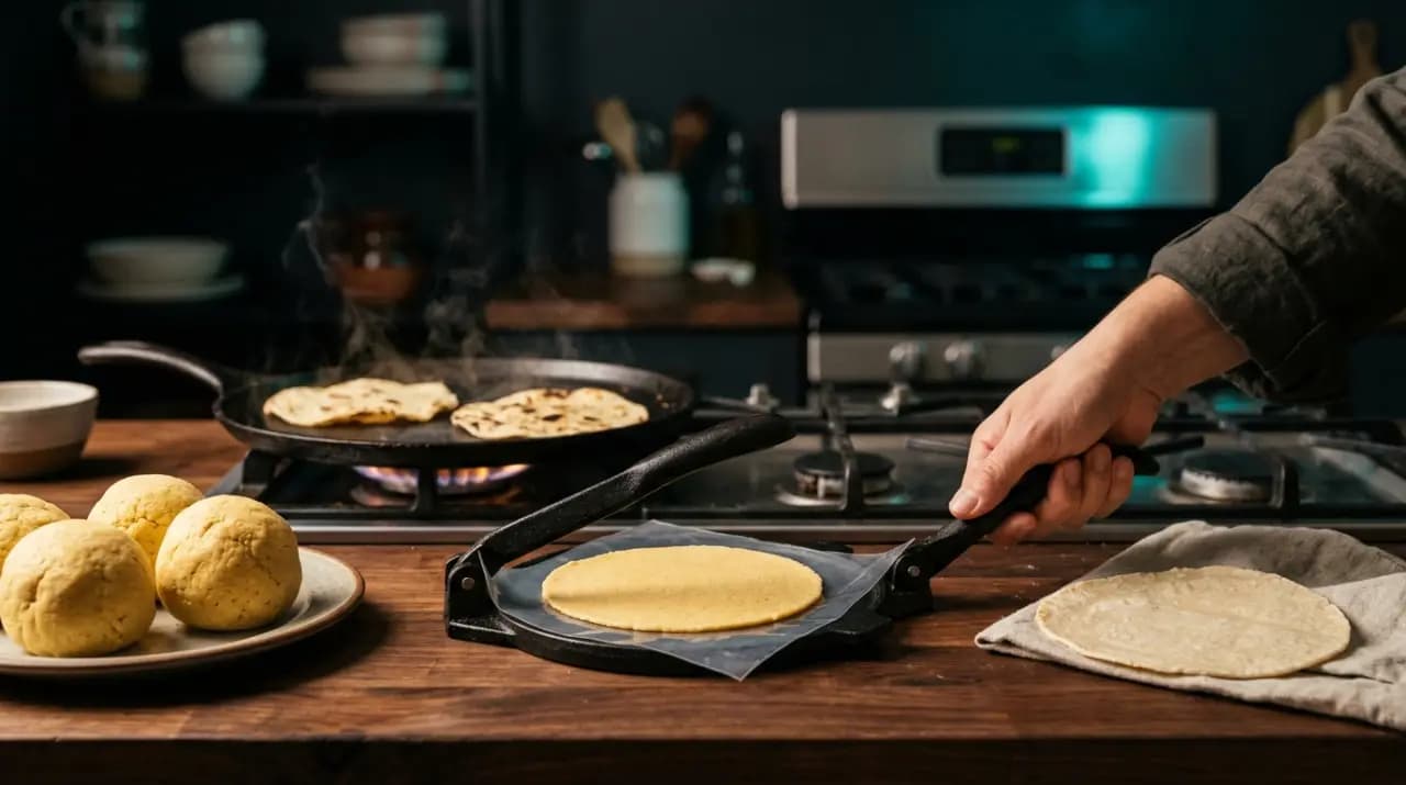 Manos prensando una bola de masa de maíz entre plásticos en una prensa de tortillas, con comal caliente al fondo