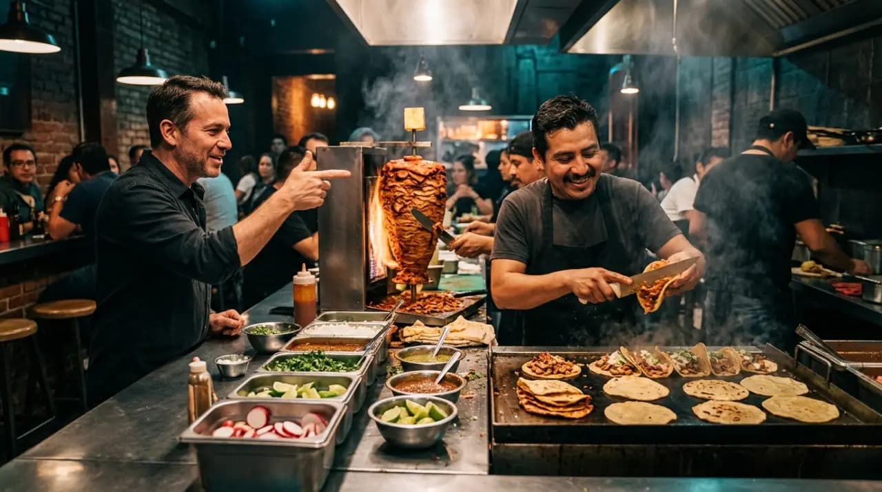 Taquero sirviendo tacos al pastor en la barra mientras los clientes esperan de pie con salsas y limones delante