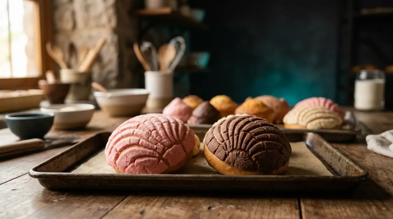 Conchas mexicanas de vainilla y chocolate recién horneadas en una charola de panadería junto a una taza de café de olla