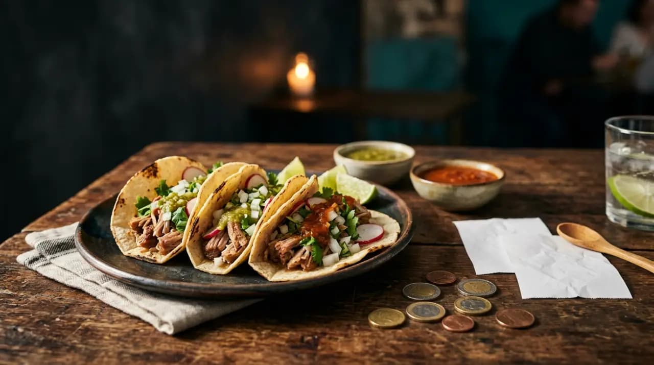 Mesa de restaurante mexicano en Madrid con varios antojitos al centro, carta abierta y manos sirviéndose para compartir