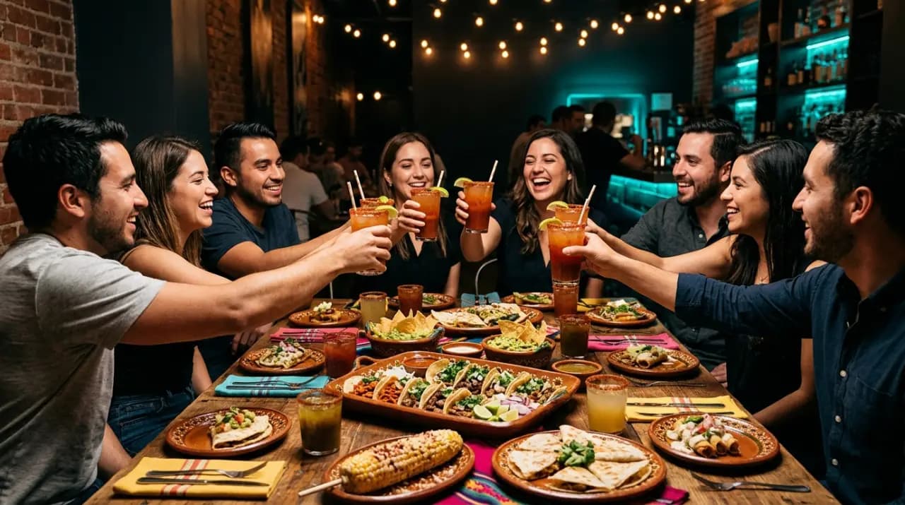 Grupo de amigos brindando con micheladas en una mesa llena de tacos en un restaurante mexicano de Madrid
