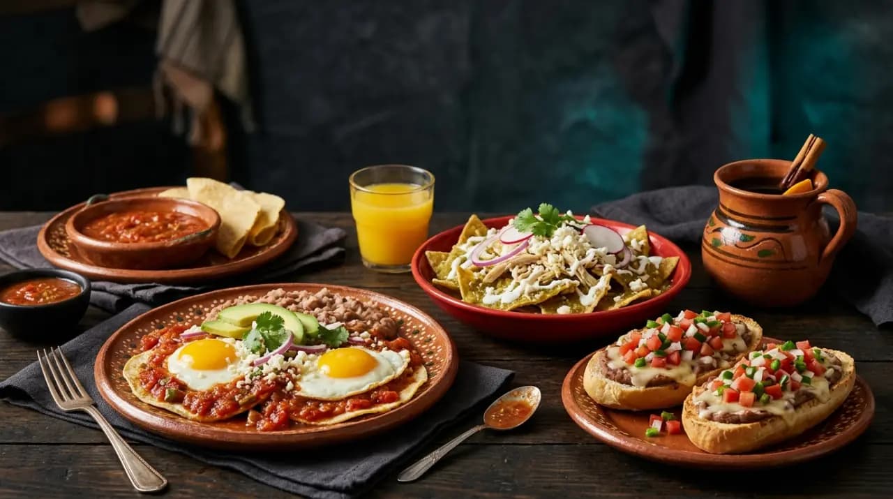 Desayuno mexicano con chilaquiles verdes, huevos rancheros y café de olla en jarrito de barro