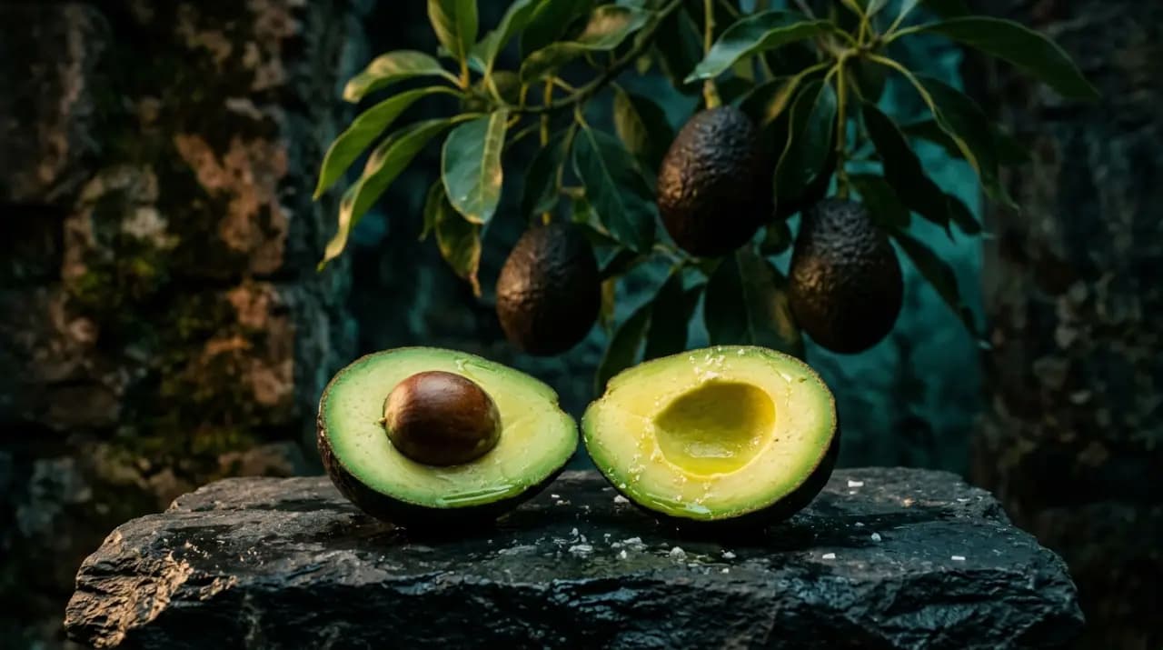 Aguacates Hass enteros y uno abierto mostrando la pulpa verde cremosa y el hueso, sobre tabla de madera