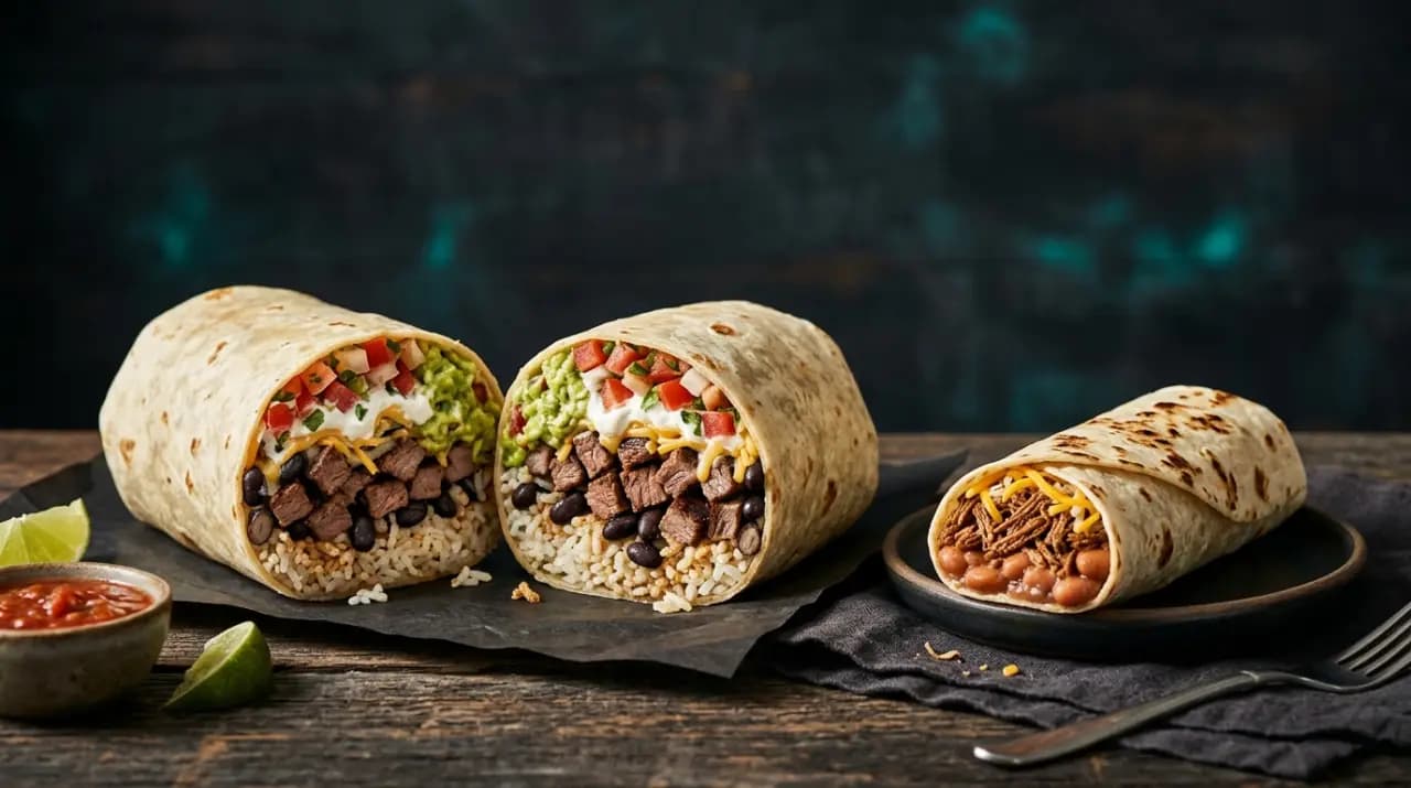 Burrito norteño fino de tortilla de harina cortado por la mitad junto a un burrito estilo California grande envuelto en papel de aluminio