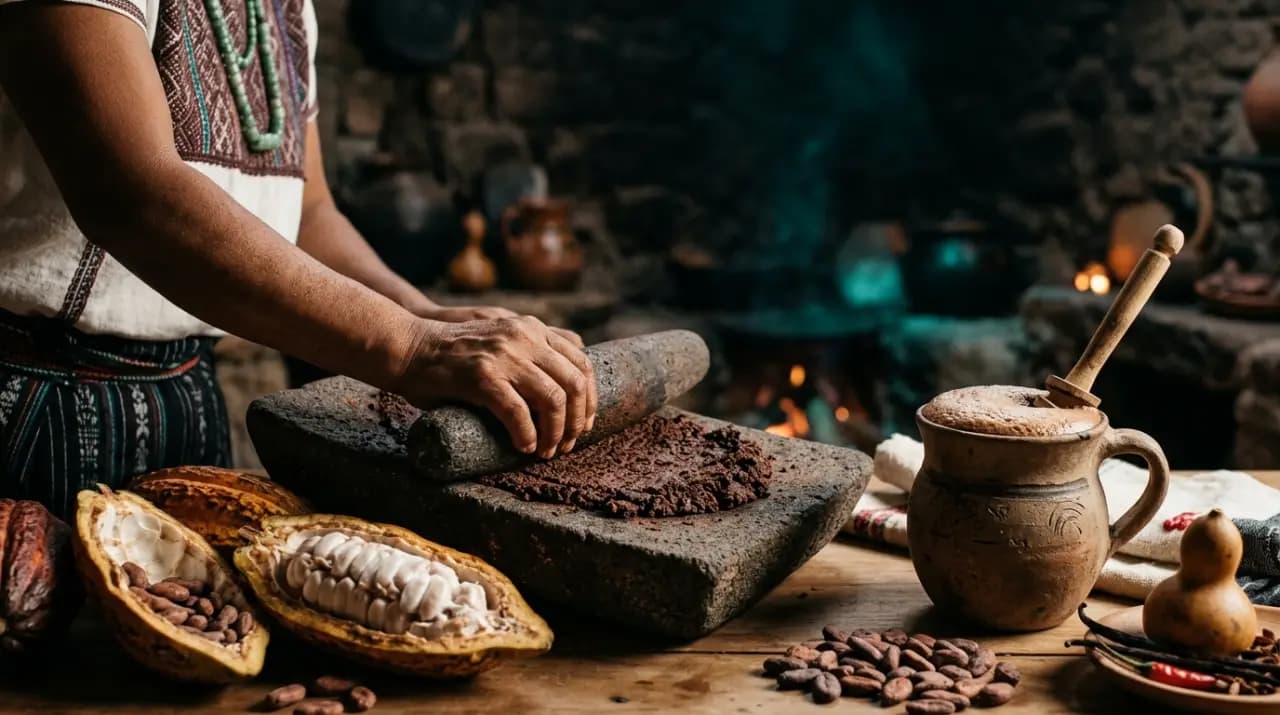 Jícara con chocolate espumoso estilo prehispánico junto a granos de cacao y una tablilla de chocolate mexicano con canela