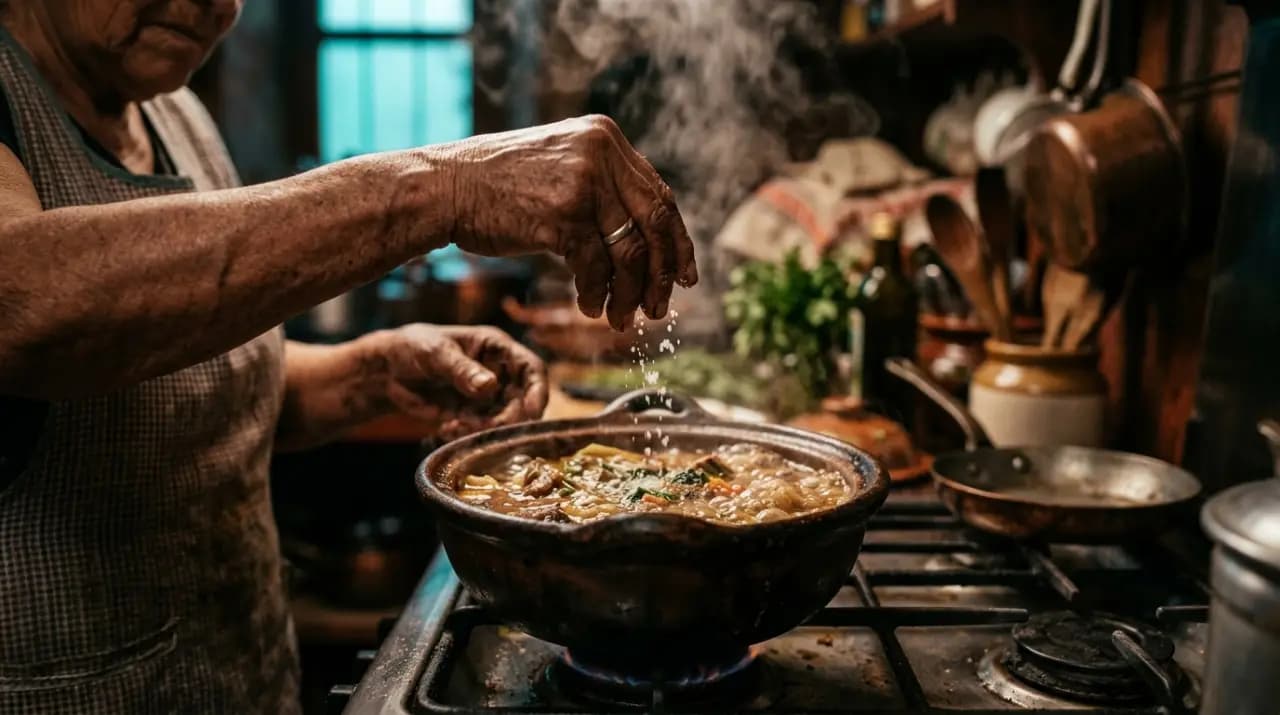 Manos de cocinera mexicana ajustando sal sobre una cazuela de barro humeante