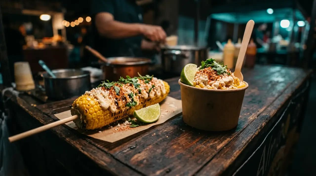 Vaso de esquites con mayonesa, queso rallado y chile en polvo junto a un elote entero untado en un puesto callejero