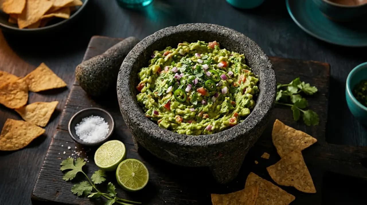 Guacamole auténtico recién machacado en molcajete de piedra volcánica con totopos de maíz