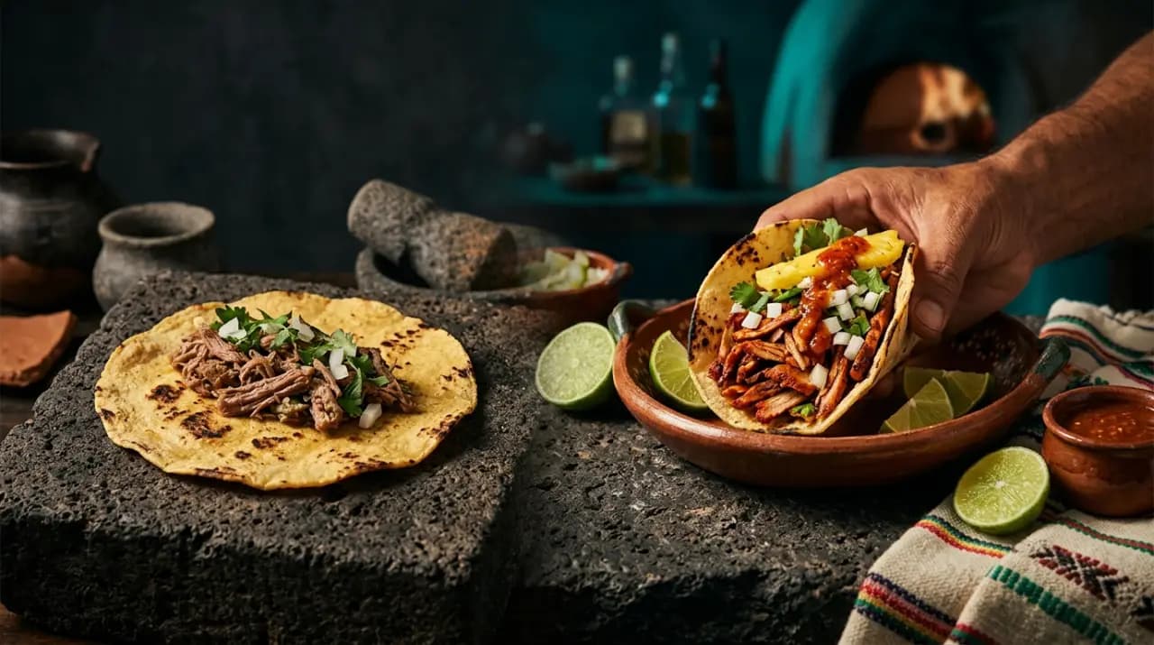 Tacos al pastor tradicionales con piña y cilantro sobre tortilla de maíz, herederos de siglos de historia