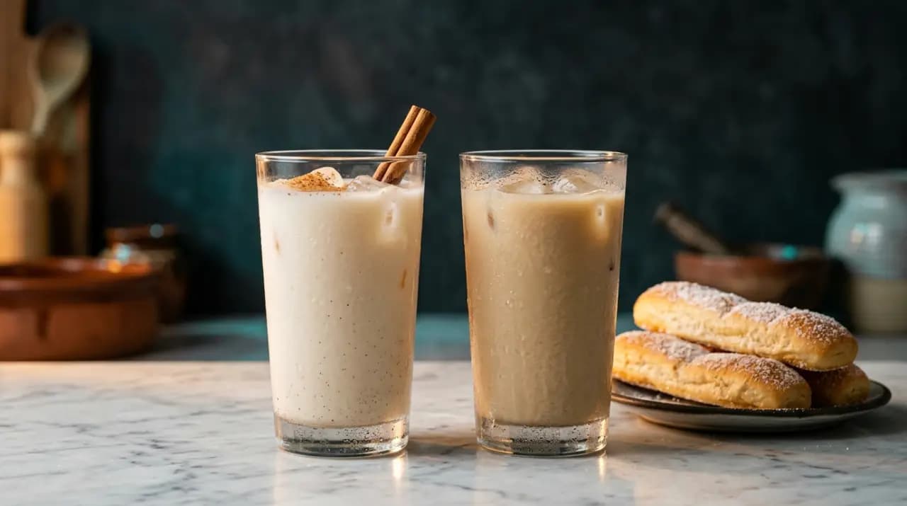 Vaso de horchata mexicana de arroz con canela junto a un vaso de horchata valenciana de chufa