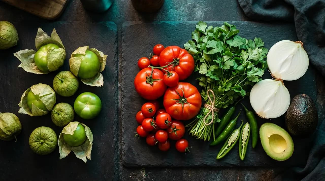 Ingredientes mexicanos y españoles lado a lado: jitomate, tomatillo, chiles secos y cilantro
