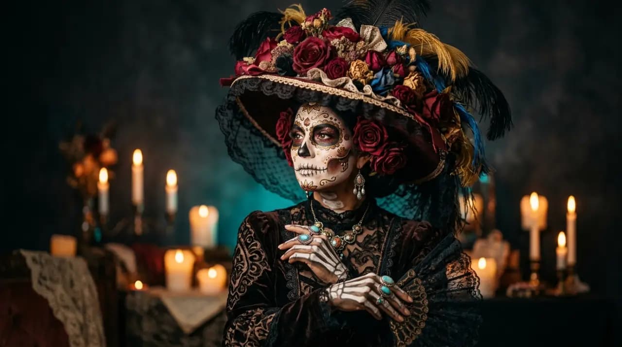 Grabado de La Catrina, calavera con sombrero de plumas creada por José Guadalupe Posada
