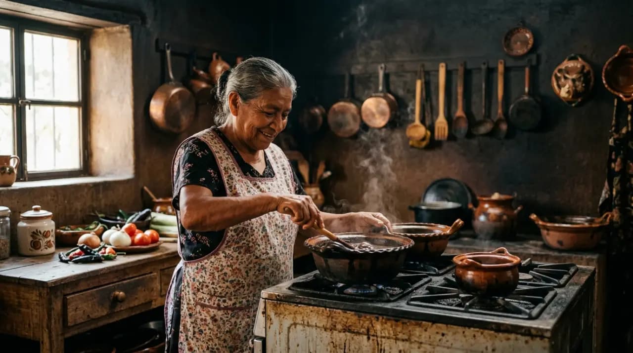 Abuela mexicana con mandil volteando tortillas a mano sobre un comal