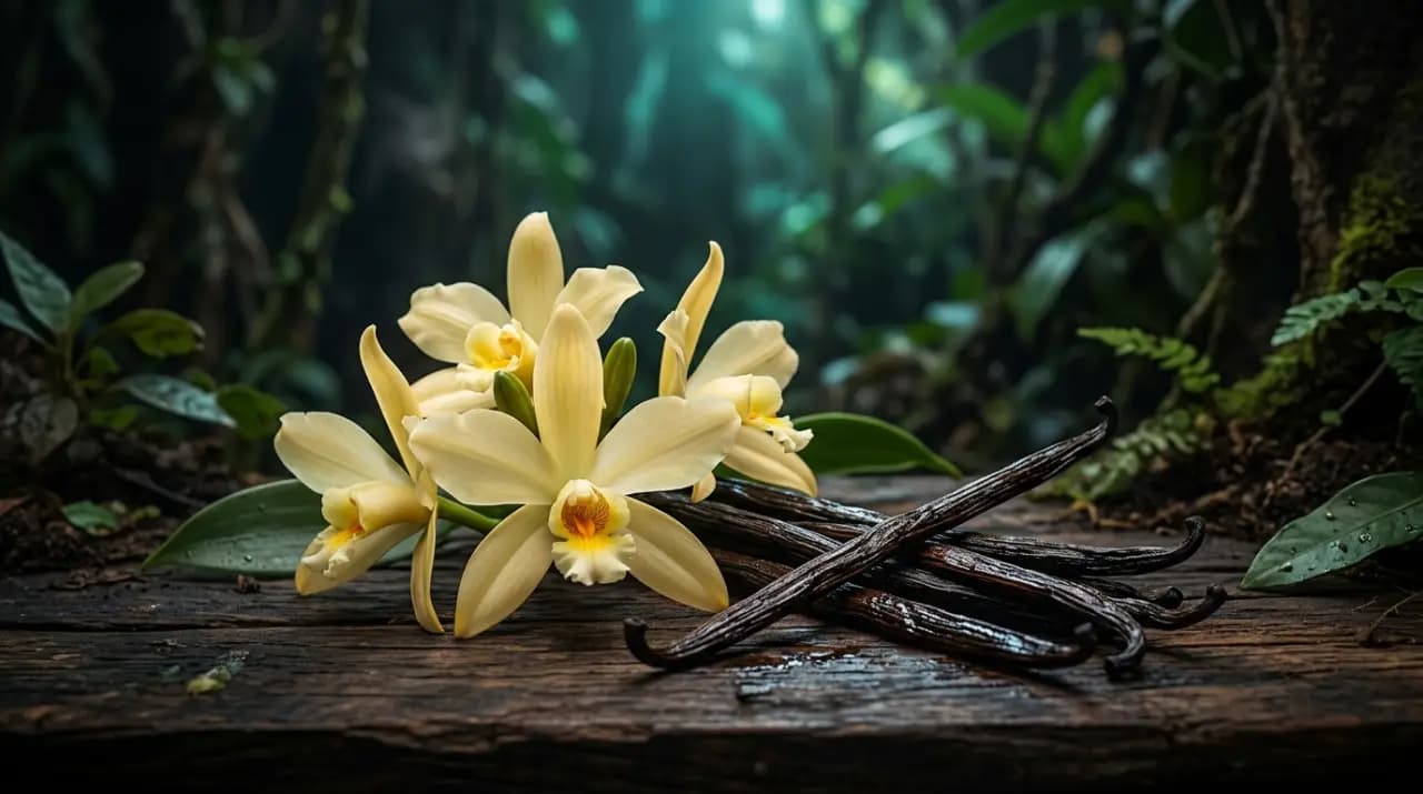 Vainas de vainilla oscuras y brillantes junto a la flor amarilla de la orquídea Vanilla planifolia