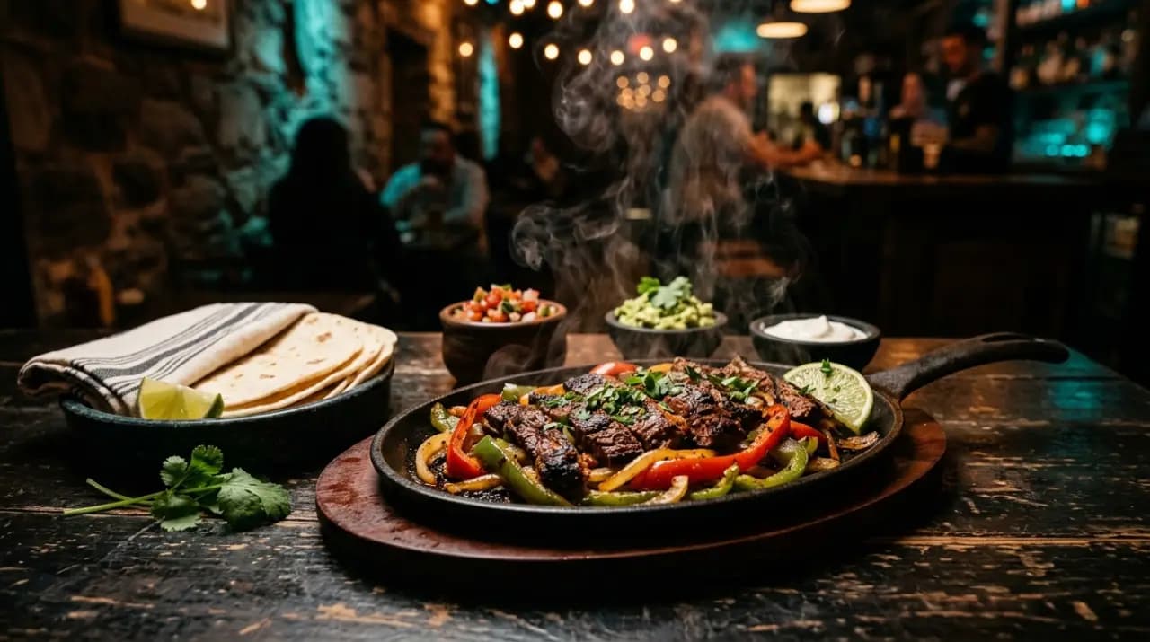 Plato de hierro chisporroteante con tiras de ternera, pimientos y cebolla junto a tortillas de harina, estilo fajitas tex-mex
