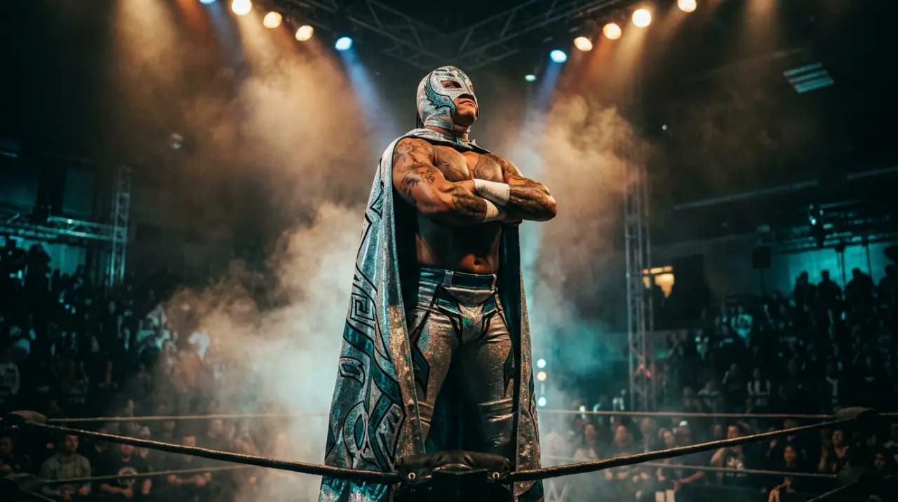 Máscara plateada de luchador mexicano sobre fondo rojo con carteles de lucha libre al estilo de la Arena México