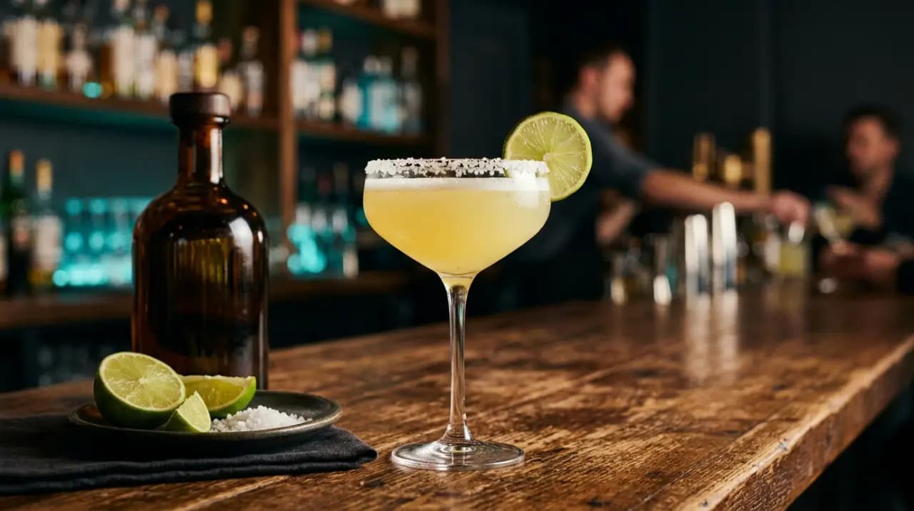 Copa de margarita clásica con borde de sal y rodaja de lima junto a un caballito de tequila sobre una barra de madera