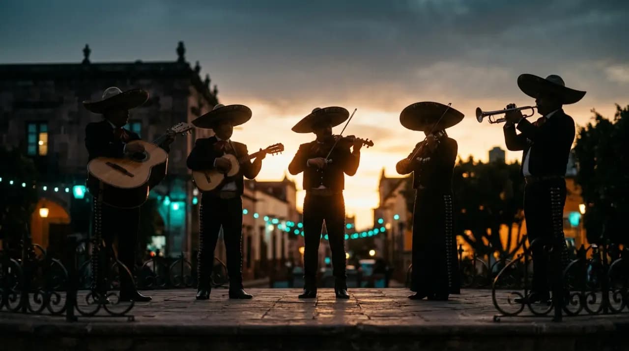 Mariachis con traje de charro tocando guitarrón, vihuela y trompeta durante una serenata