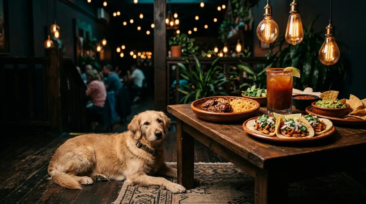 Perro tumbado junto a una mesa con chilaquiles en un restaurante mexicano pet friendly de Madrid