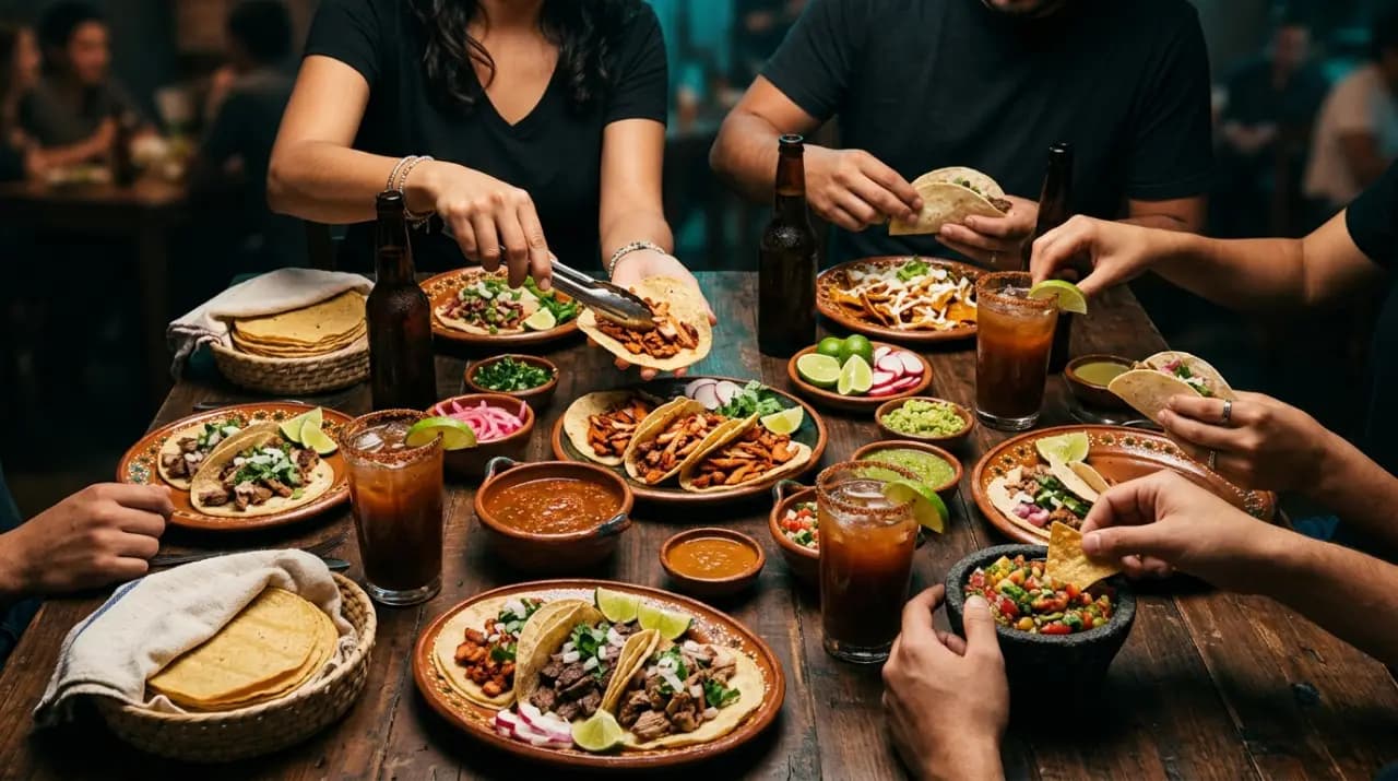 Grupo de amigos mexicanos compartiendo una mesa con platillos tradicionales en Madrid