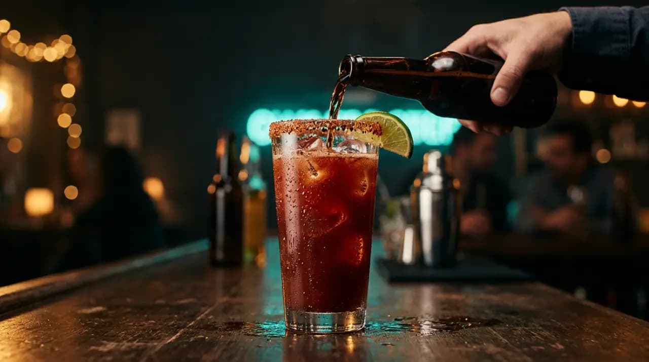 Michelada mexicana en vaso escarchado con sal y limón junto a un plato de chilaquiles