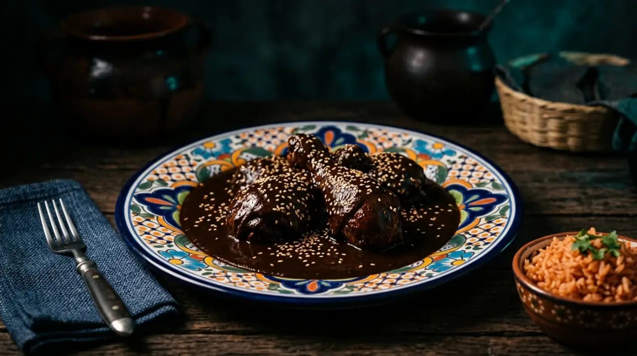 Pollo bañado en mole poblano oscuro y brillante espolvoreado con ajonjolí, con arroz rojo al lado