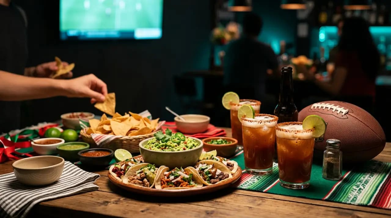 Aficionados mexicanos con jersey verde celebrando un gol del Tri con botana mexicana en la mesa
