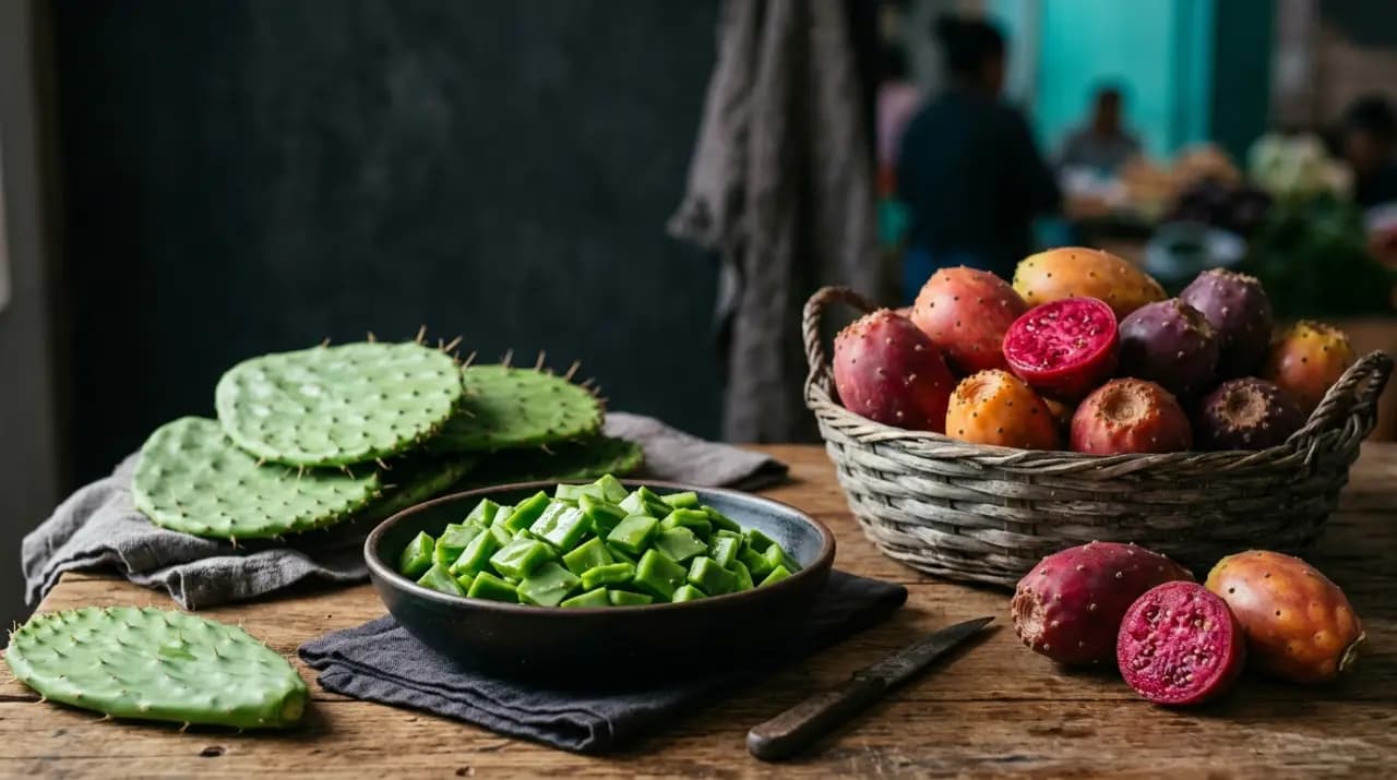 Pencas de nopal frescas sin espinas junto a una ensalada de nopales cocidos con tomate, cebolla y queso fresco