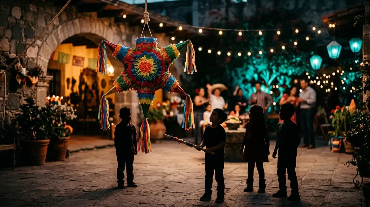 Piñata tradicional mexicana de siete picos con papel de colores colgada en una posada
