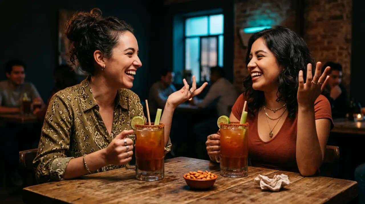 Pizarra de restaurante mexicano con palabras como órale, chido y ahorita escritas con tiza de colores