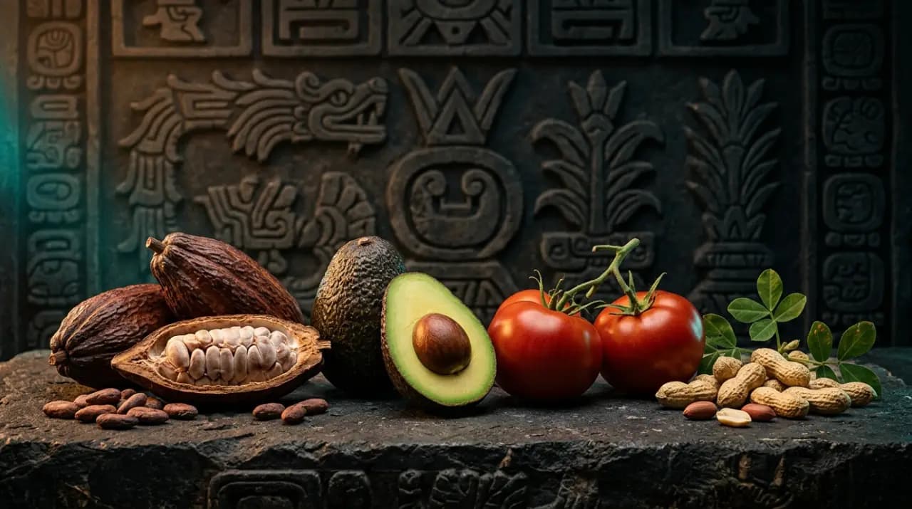 Cacao, aguacate, tomate y chiles sobre una mesa con un códice ilustrando palabras de origen náhuatl