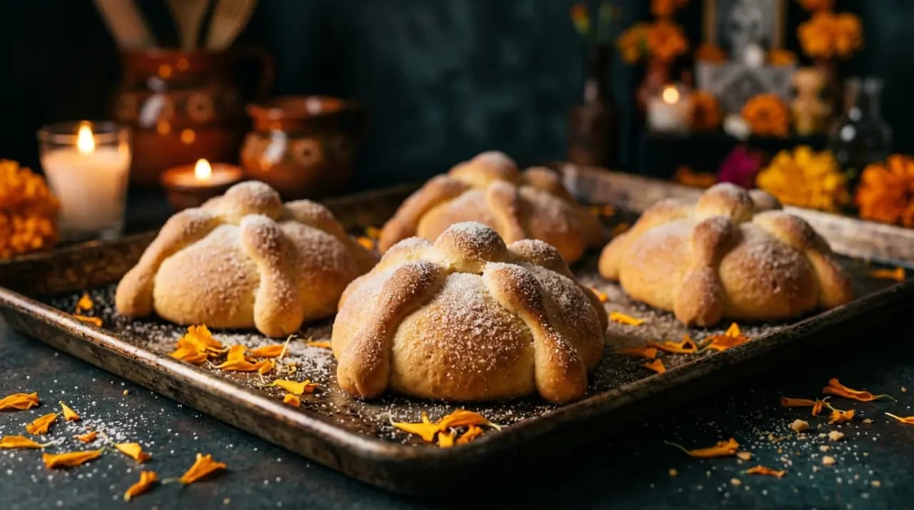 Pan de muerto mexicano espolvoreado con azúcar, con sus huesitos de masa, junto a una taza de chocolate caliente