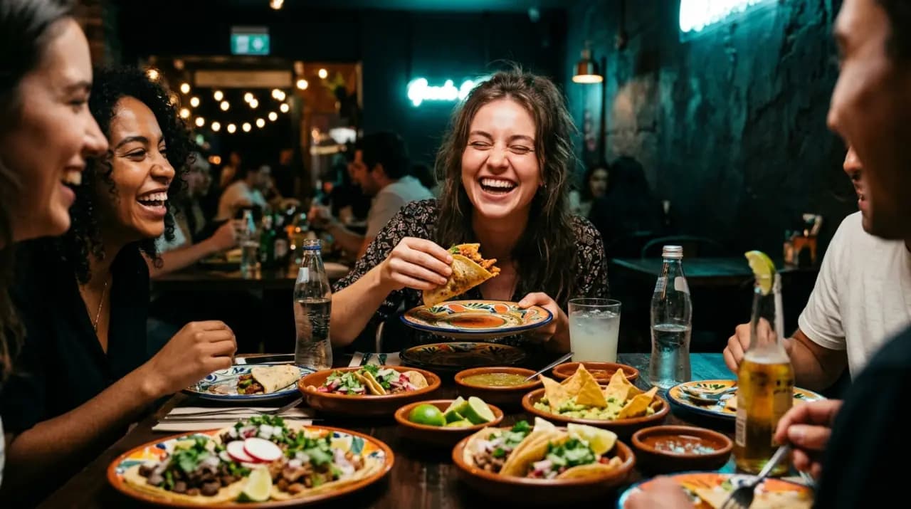 Mesa compartida con chilaquiles, guacamole y salsas de colores, manos de varias personas sirviéndose entre risas